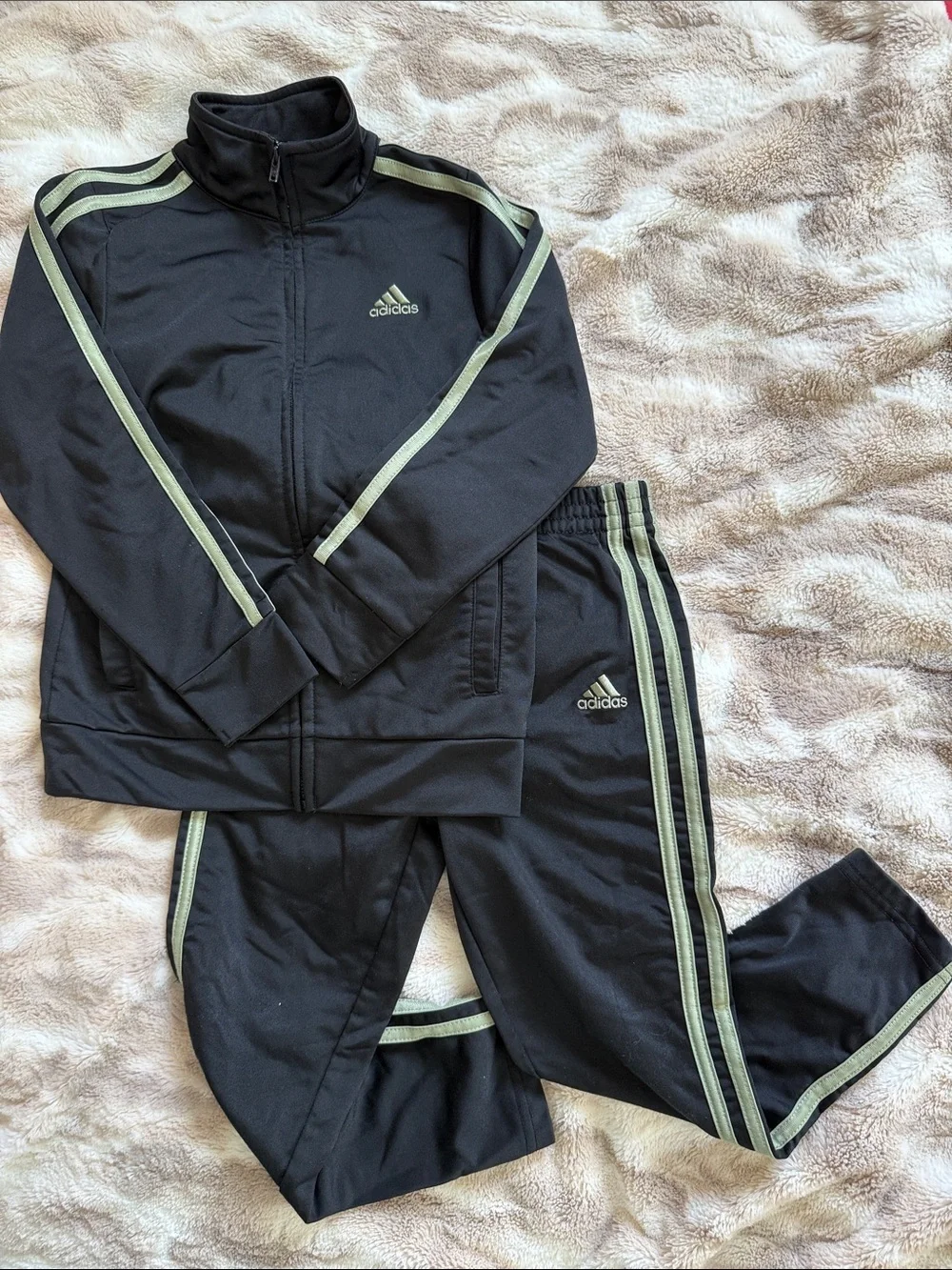 adidas Black Track Jacket and Pants with Pale Green Stripes
